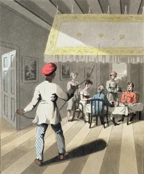 Kedmutgarzy dżentelmena, czyli służący przy stole, przynoszący obiad, tablica 8 z "The European in India", opublikowana w 1813 r. (akwatinta ręcznie kolorowana)